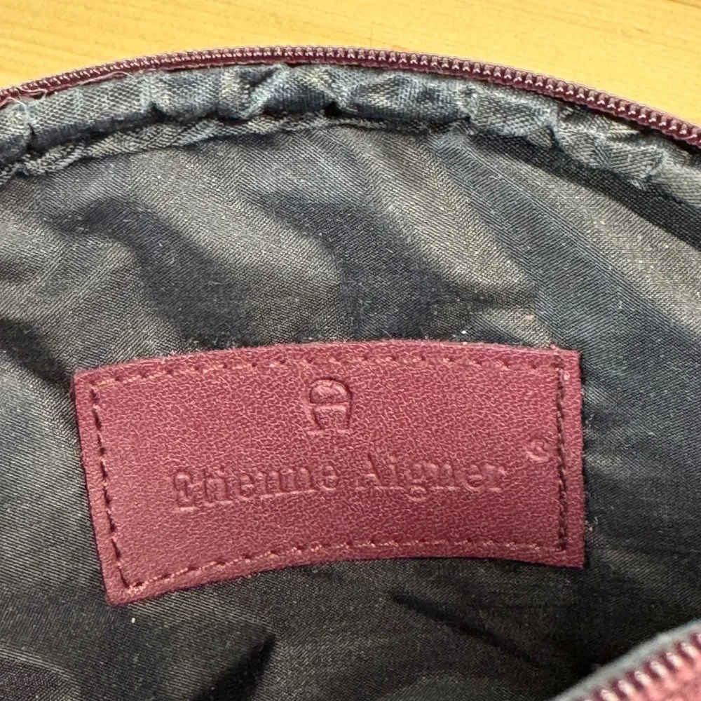 Etienne Aigner Burgundy Leather Half Moon Cosmetic Pouch Makeup Bag Gold Logo